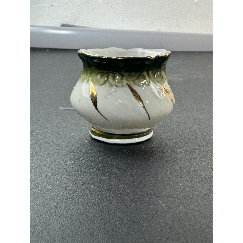Vintage Green and Gold Riffled Edge Eggcup Porcelain Shabby Chic Cottage